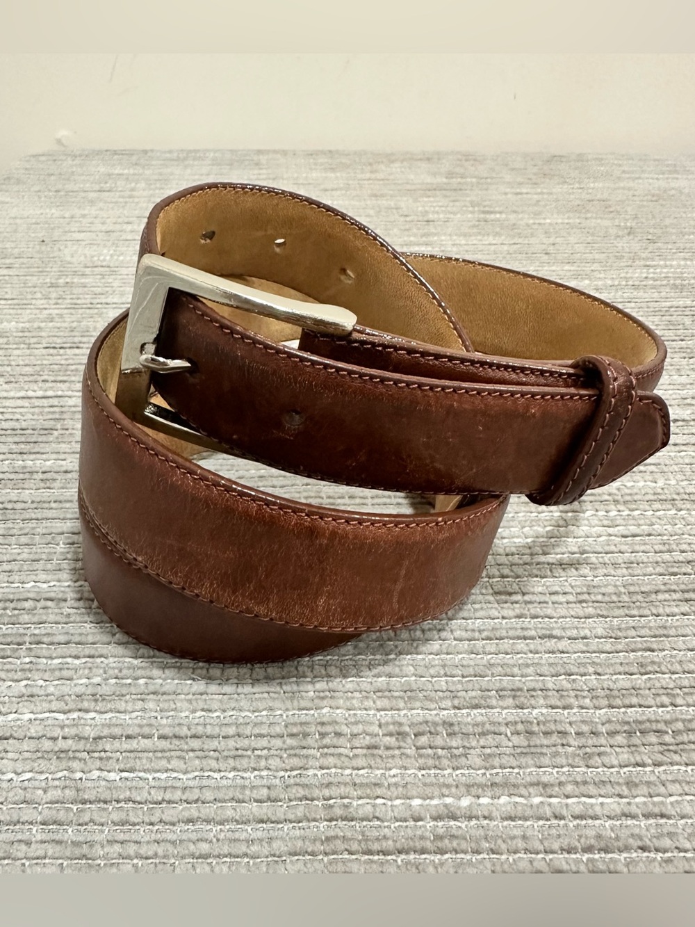 W. Kleinberg Men's‎ Brown Glazed Calfskin Leather Dress Belt Silver Buckle 40